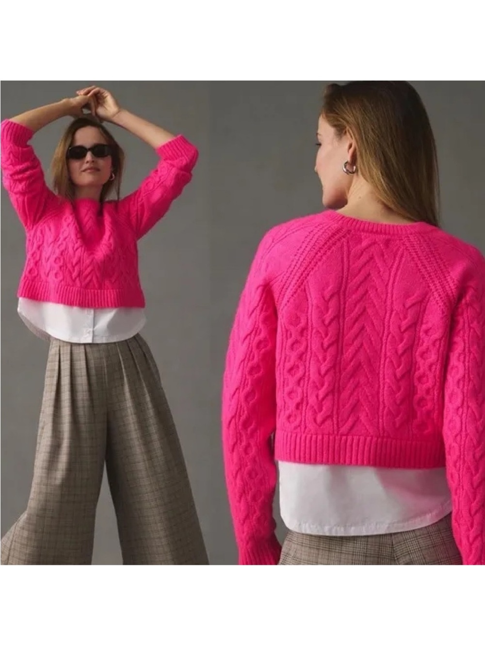 Anthropologie Maeve Hot Pink Cable Knit Cropped Sweater